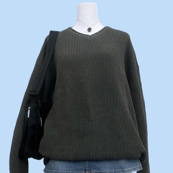 ashy green vintage 90s oversized essential basic vneck cotton knit sweater - Picture 1 of 8